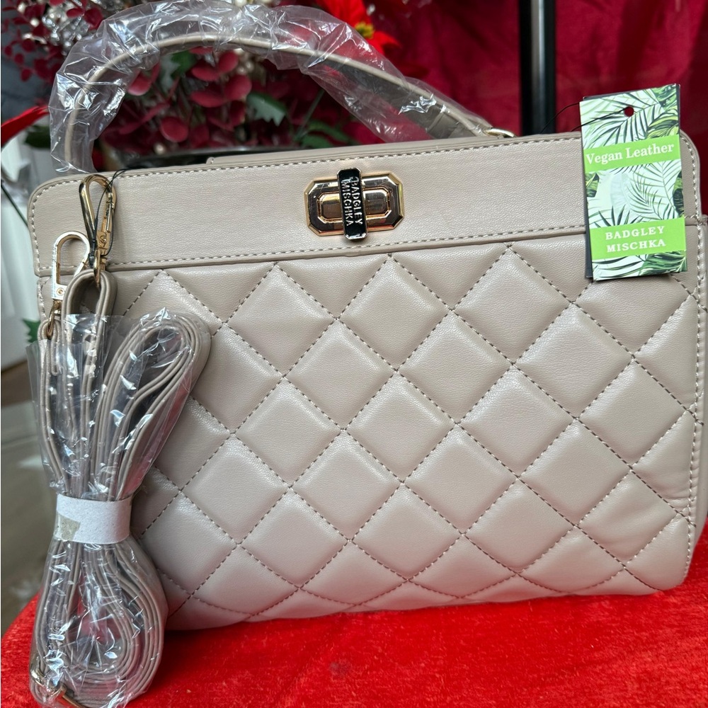 Badgley Mischka Taupe Quilted Shoulder Bag